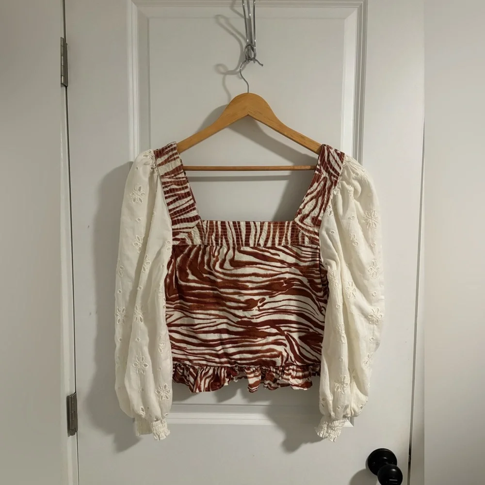 ANTHROPOLOGIE Love The Label Smocked Eyelet Puff Sleeve Blouse with Zebra Bodice